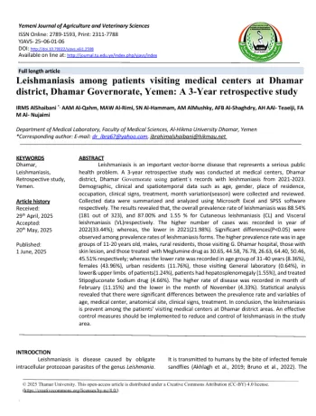 داء الليشمانيات بين المرضى الذين يزورون المراكز الطبية في منطقة ذمار، محافظة ذمار، اليمن: دراسة استعادية لمدة 3 سنوات